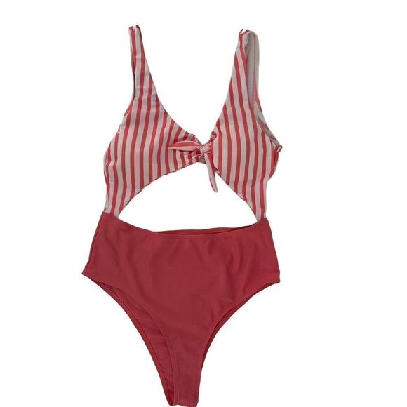 One Piece Swimsuit Cut Out Pink White Stripe V Neck Size M Preppy Swim Beach - Picture 1 of 8